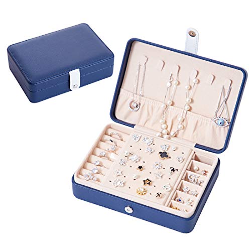 hombrima Small Jewelry Box, Leather Double Layer Travel Jewelry Storage Organizer Cases for Women Necklace Earring Rings (Dark Blue)
