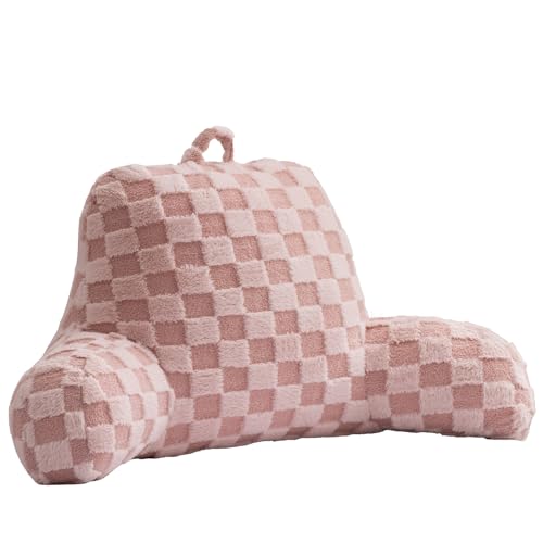 Image of Aimuan Reading Pillow Checkered Bed Rest Wedge Backrest Checkerboard Pillow with Arms Back Support for Sitting Up in Bed Cushion Incline Rest Sleeping Snoring Pillow, Pink