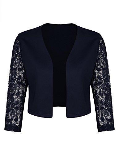 Concep Womens 3/4 Sleeve Bolero Sheer Lace Shrug Cardigan Plus Size Blazer Jacket (Navy Blue, L)