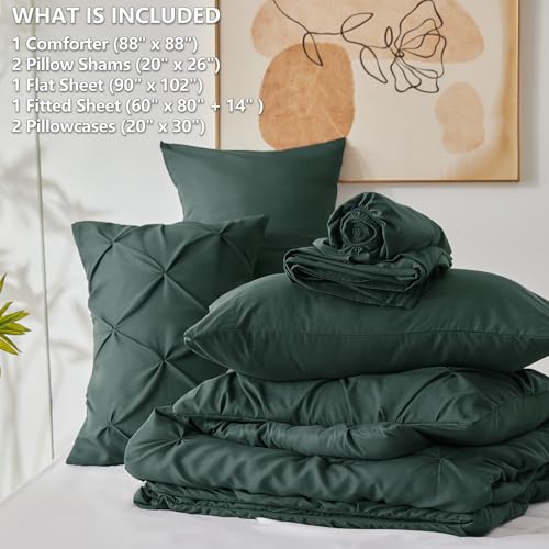 CozyLux Queen Comforter Set Forest Green, 7 Pieces Pintuck Bed in A Bag, Premium Green Comforter Queen Size, Pinch Pleat Bedding Sets with Comforter, Sheets, Pillowcases & Shams