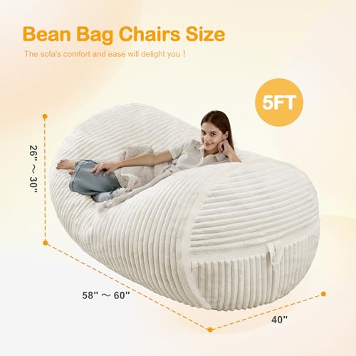 Image of 5FT Bean Bag Chair 5'Giant Bean Bag Chairs with Adults, Large Beanbag Chair | Bean bag Lounger with Machine Washable Cover Corded Plush Fabric, Comfy Chairs for Living Room Bedroom Dorm, Beige