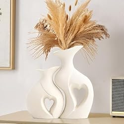 KKgoubz XL White Flower Vases, Nordic Heart Shaped Ceramic Set of 2 | Boho Vases Home Decor, Minimalist Decorative Vase For coffee Table Centerpiece,Wedding,Dining Living Room,Office,Table Decor