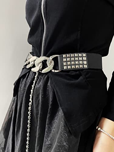 Women's Studded Vintage Belts Fashion Leather Elastic Stretchy Punk Thick with Chain for Dresses3