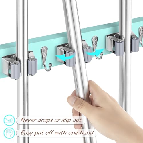 image for OUTNILI Turquoise Mop Broom Holder Wall Mount with 4 Slots & 4 Hooks -