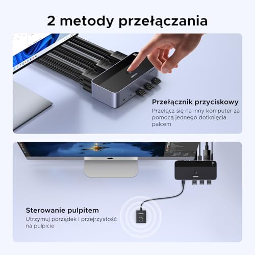 UGREEN Przełącznik KVM HDMI+Displayport 2 komputery 3 monitory 8K60Hz z 4 portami USB 3.0, przełączanie za pomocą przycisków i kontrolera pulpitu Kompatybilny z systemami Windows/Linux/MacOS itp.