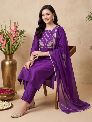 Image of INDO ERA Women's Silk Blend Embroidered Thread Work Straight Kurta & Pant with Dupatta Set | Kurta Sets For Woman