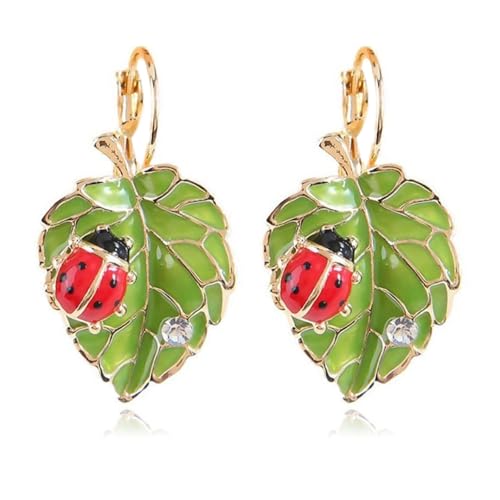 Bohemian Green Leaf Bug Ladybird Earrings for Women Lightweight Cute Insect Ladybug Leverback Earrings