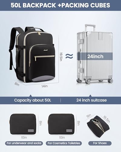 Image of LOVEVOOK 50L Travel Backpack Flight Approved Carry on Backpack,3 Packing Cubes,Waterproof Personal Item Travel Bag,TSA Carry on Luggage Suitcase Travel Essentials,Gifts for Women & Men,fits 18 inch Laptop