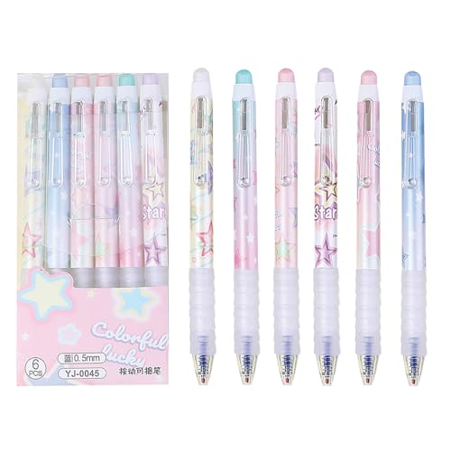 MOZXIRZ 6 Pcs Erasable Gel Ink Retractable Pens 0.5mm Blue Ink for Office School - Cute Aesthetic for Women Girls (Blue Ink-Stars)