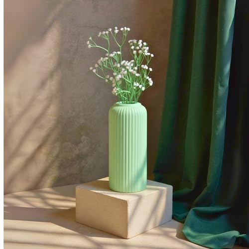Image of KREATIVE ART'S Modern Ribbed Design Ceramic Flower Vase for Living Room, Flower Pots for Artificial Flower, Home Decoration Item, Home Decor, Vases for Living Room (Light Green, Large)