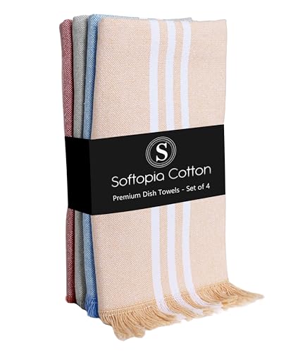 Image of Dish Towels Multicolors 4 Pack, 16x26 Inches, Stripe Kitchen Tea Towels, Reusable Cleaning Cloths, Absorbent Drying Rags for Daily Use, Washable - Beige, Sky Blue, Light Grey, Rust