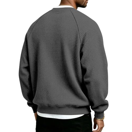 Mens waffle Knit Long Sleeve Shirt Textured V-Neck Shirts Sweatshirt Grey - image 4