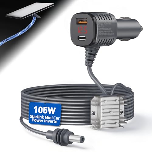 105W Boost Starlink Mini Car Adapter—Stops Reboots & Power Supply Damaged Starlink Mini Cable+Cigarette Lighter Adapter 12V-24V with Digital Display DC Power Cable for Car, Rvs, and Boats (6.5FT)