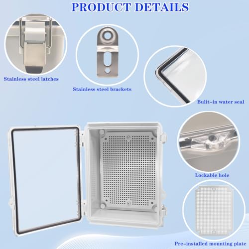 Image of Waterproof Electrical Box with Mounting Plate 222x170x110mm, IP67 Junction Box Stainless Steel Latch Hinged Clear Cover Project Enclosure with Wall Bracket and 2 Glands 8.7 inchx6.7 inchx4.3 inch
