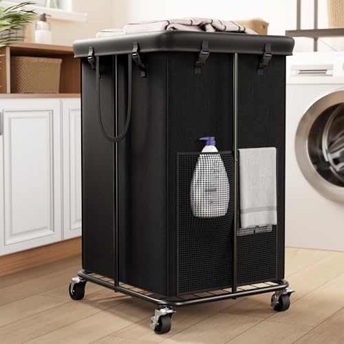 Image of 150L Large Laundry Basket with Wheels, Rolling Laundry Hamper with Removable Laundry Bag & Metal Frame, Oxford Fabric Dirty Clothes Hampers for Bedroom, Laundry Room, Bathroom, Dorm(Black)