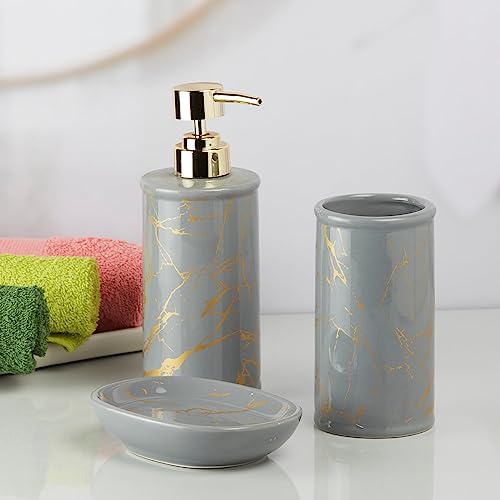 Image of SaSaSa Ceramic Bathroom Set of 3 Modern Bath Accessories Kit with Soap Dispenser, Toothbrush Holder & Dish - Stylish & Elegant Bathroom Decor, Grey /Gold (9730)