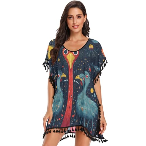 Cute Stars Duck Women's Beach Cover Up Chiffon Tassel Swimwear Swimsuit Coverups for Girl