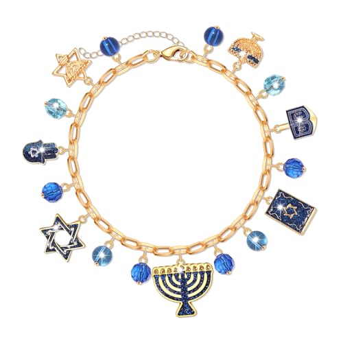 ZOLEAROPY Hanukkah Bracelet Jewish Festival of Lights Star of David Menorah Dreidel Charms Bracelet Chanukkah Bat Mitzvah Jewelry Gift for Women Men