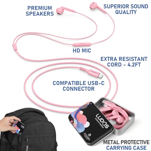 Image of LUDOS FEROX USB C Headphones for iPhone 17 16 15 Pro Max Plus Air iPad Pro, 5 Years Warranty, USB-C Earbuds for Samsung Galaxy S24 S23 Ultra S22 S21 FE S20 Z Flip 3 Fold 4 A53, USB Type C Earphones