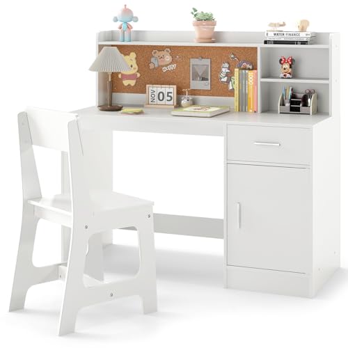 LIFEZEAL Mesa y Silla Infantil, Muebles Infantiles Multifuncional, Escritorio con Estantería, Cajón, Armario, Tablero de Corcho, Taburete Ergonómica con Respaldo Inclinado (Blanco)