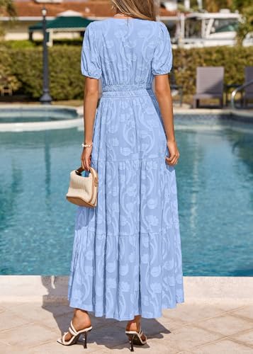 Image of KIRUNDO Summer Dresses for Women 2026 Boho Flowy Casual Short Sleeve V Neck Elastic Waist Floral Long Baby Shower Maxi Dress