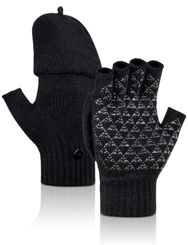 Kiiwah Winter Rutschfester Fingerlose Handschuhe, Unisex Convertible Thermo Halbfinger Handschuhe, Anti-Rutsch Strickhandschuhe für Damen und Herren Fahren Sport...