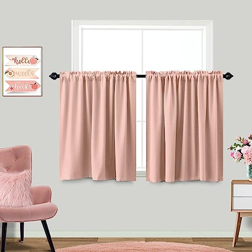 Image of KOUFALL Blush Pink Kitchen Curtains 30 Inch Length Set of 2 Pack Rod Pocket Short Curtains for Small Bathroom