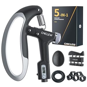 CHICLEW Counting Hand Grip Strengthener Forearm Trainer Set (5 pack), 10-100kg Adjustable Hand Gripper, Finger Trainer, Finger Stretcher, Hand Grip Ring and Stress Relief Grip Ball (5 IN 1)