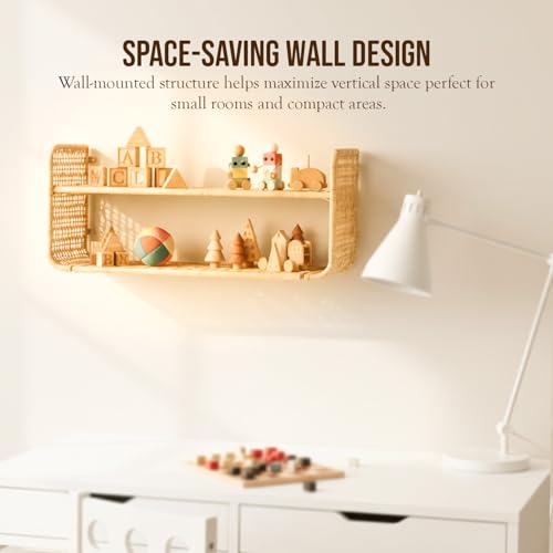 Image of PrettyKrafts Two Tier Rafia & Metal Wall Shelf Storage Organiser | Multipurpose Storage Basket | Decorative Wall Mounted Storage Rack for Living Room, Bedroom, Kitchen & Office (25x15x23 cm)
