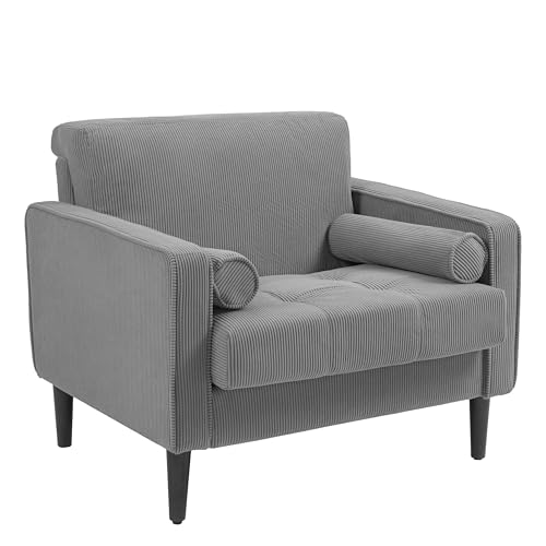 Image of Accent Chair, Corduroy Upholstered Arm Chairs for Living Room, Comfy Armchair Mid-Century Track Armrest Single Sofa Bedroom Reading Seat with 2 Bolster Pillows - Light Gray, Set of 1