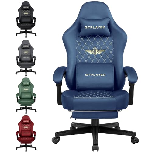 GTPLAYER Gaming-Stuhl, Stoff, Gaming-Stuhl, ergonomisch, Büro, PC, 150 kg, Verstellbarer und drehbarer Tischstuhl mit Feder-Sitzkissen und Fußstütze, Blau