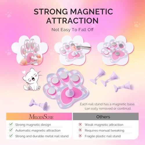 Image of MelodySusie Update Nail Stand for Press Ons, Cute Cat Claw Magnetic Base for Painting Display Holder with Reusable Double-Sided Tape for Home DIY Salon Supplies, Rose Pink