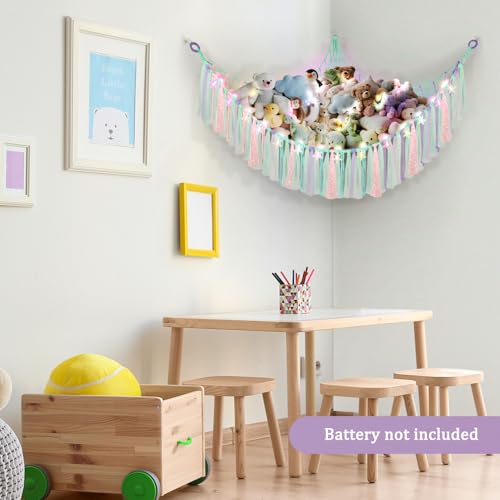 Lunriwis Kuscheltier Aufbewahrung Netz mit LED-Leuchten, Boho Makramee Spielzeug kinderzimmer deko, StofftieStofftier Aufbewahrungstasche Hängematte Aufbewahrung Kuscheltiere Lila