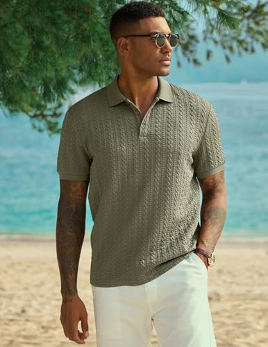 Image of JMIERR Men's Casual Polo Shirt Knitted Textured Short Sleeve Stretch Golf Shirt Summer Vacation Beach Collared Shirts