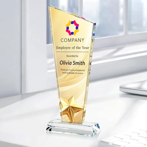 Image of Custom Crystal Trophy Award Personalized Plaque Award with Text Logo Photo Awards Trophies for Employee Recognition Team Graduation Personalized Office Gifts for Boss Coworker Teacher