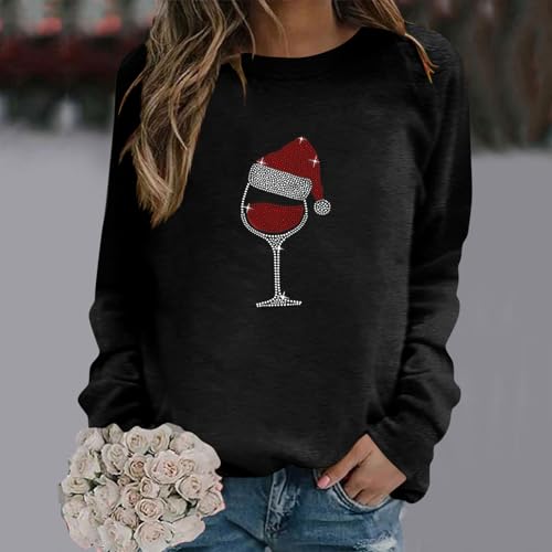 Christmas Sweatshirts for Women 2025 Sparkly Glitter Red Wine Glass Tops Ugly Shirts Funny Santa Hat Pullovers Gifts2