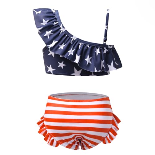 Image of QPANCY Girls One Shoulder Swimsuits Kids Two Piece Bathing Suits Ruffle Beach Swimwear