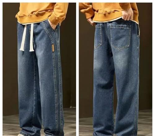Men's Baggy Jeans Wide Leg Straight Loose Fit Drawstring Waist Casual Retro Washed Denim Pants2