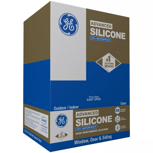 Image of GE Advanced Silicone Caulk for Window & Door, Clear, 2.8 fl oz Tube, 12 Pack - 100% Waterproof Silicone Sealant, 5X Stronger Adhesion, Freeze & Sun Proof