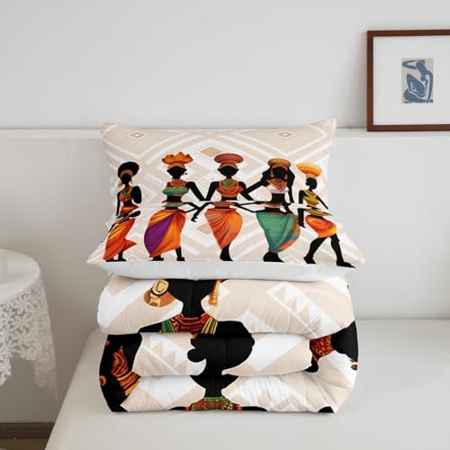 Image of Feelyou African Woman Ethnic Comforter Set King Size Boys Bedding | Adults Afro Traditional Exotic Soft Duvet Set Warm Cozy Breathable Lightweight All Season