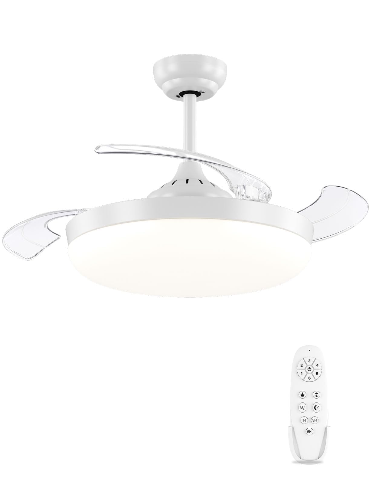 Ventilador techo 107 cm con aspas retráctiles y mando | Ventilador de techo con luz regulable, silencioso, de corriente continua, reversible, 6 velocidades, temporizador, blanco
