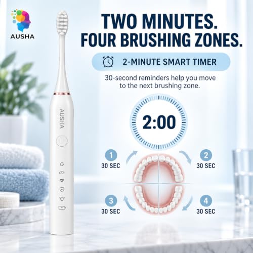 Image of AUSHA White Smart Sonic Electric Toothbrush for Adults