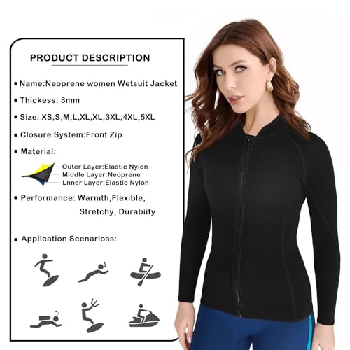 REALON Jaqueta feminina masculina 2 mm neoprene manga longa colete com zíper frontal 3 mm terno molh