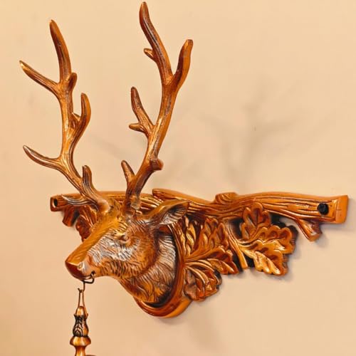 Image of Vintage Deer Head Wall Clock with Antler Design, Antique Brass Finish, Decorative Hanging Clock, Rustic Woodland Theme, Double-Sided, Light Brown