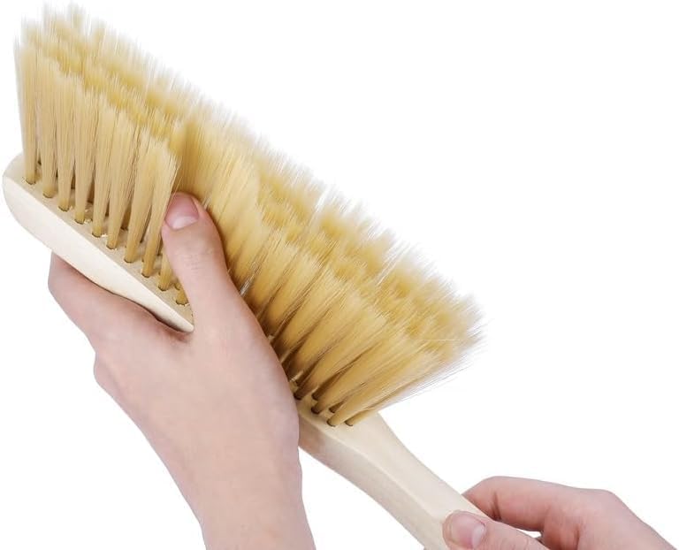 Escoba de mano con mango de madera, cepillo de limpieza natural suave para el mostrador del polvo para limpiar ropa, sofá, sábanas y alfombras