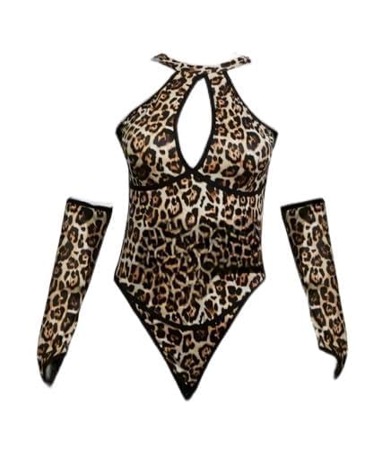 Leopard Print Bodysuit with Sleeves and Without stocking