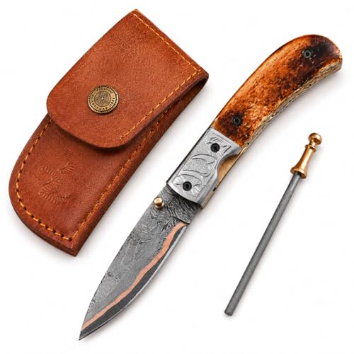 QEPAA CRAFTS Handmade Damascus Steel Folding Knife with Copper Layer Blade, Pocket Knife with Leather Sheath, Sharpener Rod, Gift Knife for Men, Camping, Hiking & Outdoor Use (QC-SS-319)
