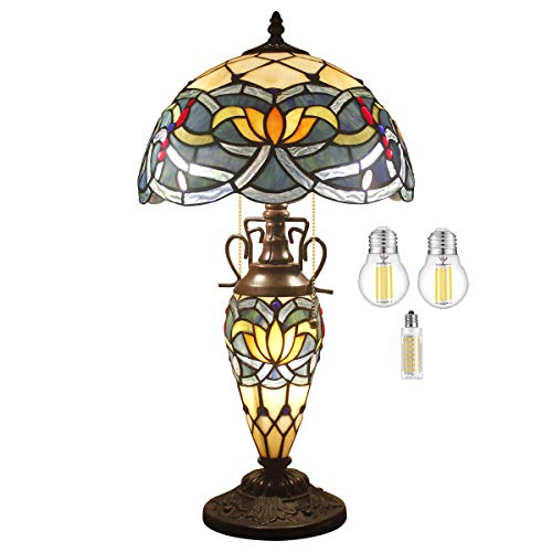 Rustic Tiffany Table Lamp with Nightlight Blue Lotus Stained Glass Style Vintage Base 22 Tall Lover Friend Living Room Bedroom Bedside Nightstand Home Office Family WERFACTORY Led Bulb Included Rustic Tiffany Table Lamp with Nightlight Blue Lotus Stained Glass Style Vintage Base 22" Tall Lover Friend Living Room Bedroom Bedside Nightstand Home Office Family WERFACTORY Led Bulb Included