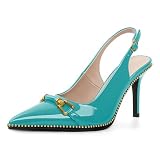 Joseywade Slingback Heels Women's Closed Pointed Toe Stilettos High Heels Pumps Buckle Gold Beaded Shoes 3.5 Inch for Work Formal Club Night Out Dress Turquoise Size 7