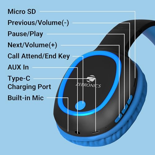 Image of ZEBRONICS Thunder Over Ear Bluetooth 5.3 Wireless Headphones with 60H Backup, Gaming Mode, Dual Pairing, Enc, Aux, Micro Sd, Voice Assistant, Comfortable Earcups, Call Function (Blue)